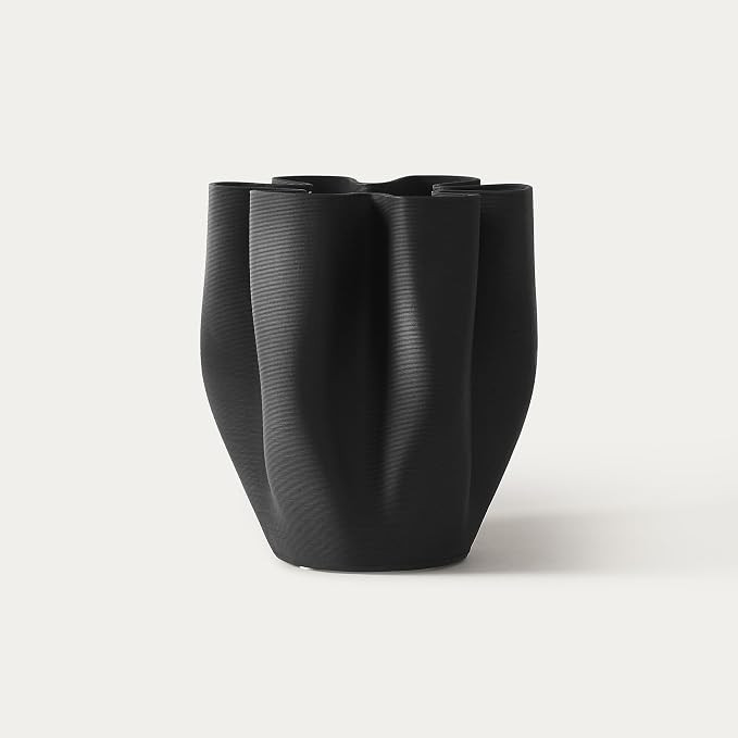 HERNEST Black Ribbed Ceramic Vase - Modern Sculptural Wavy Rim Flower Vase for Home Decor, 8 Inch... | Amazon (US)