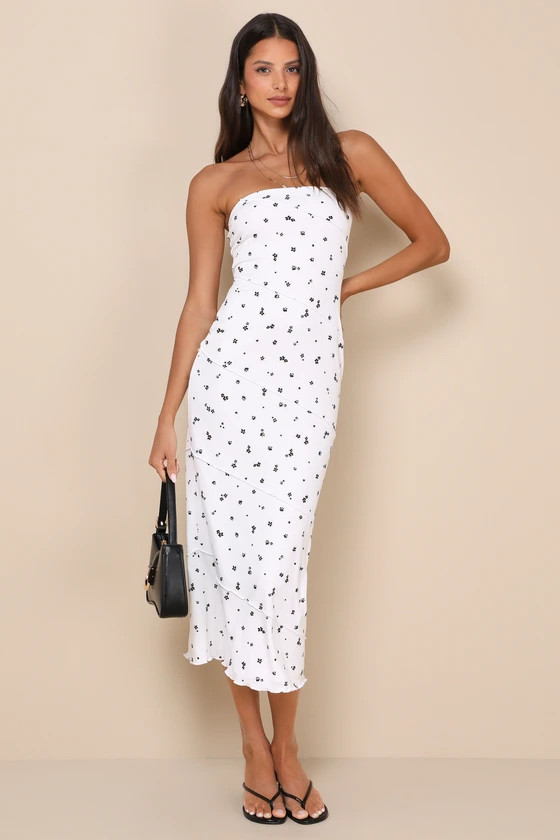 Summery Spirit Ivory Ribbed Floral Strapless Midi Dress | Lulus