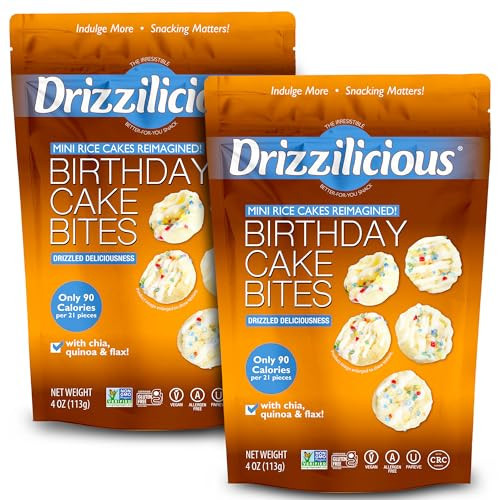 Drizzilicious Mini Rice Cakes Birthday Cake - Rice Crisps, Healthy Snack for Adults and Kids, Flavored Rice Cakes, Vegan, Gluten Free, Allergen Free, Only 90 Calories Per Serving - 4 oz (Pack of 2) | Amazon (US)