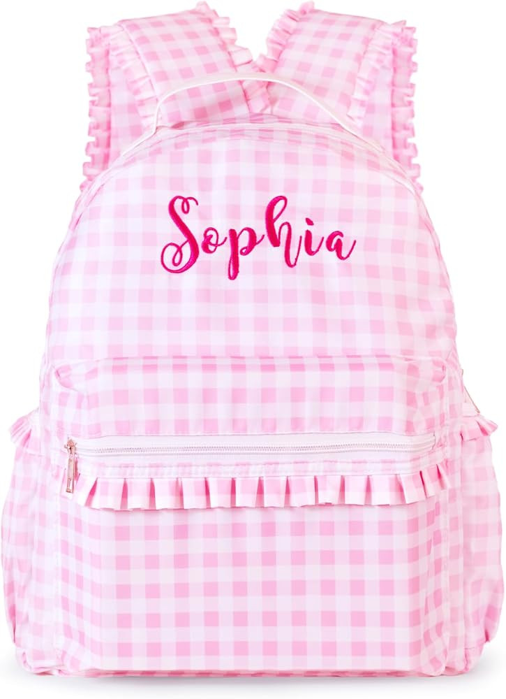 Gingham Daycare Backpack Personalized Pink Checkered Backpack with Embroidered Name - 16inch Larg... | Amazon (US)