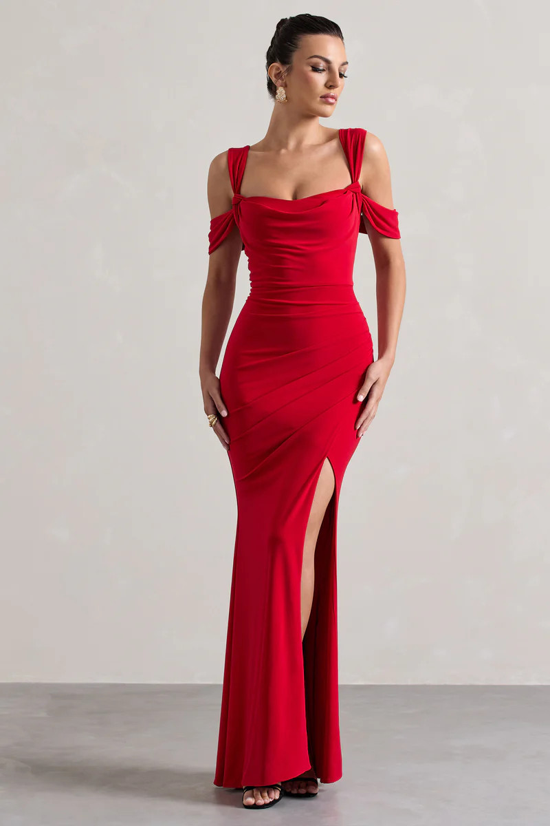 Amoura | Red Square-Neck Draped Wrap Maxi Dress | Club L London