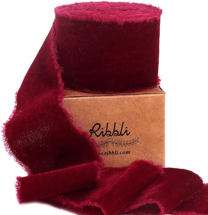 Ribbli Burgundy Velvet Ribbon 2 Inch Handmade Frayed Vintage Christmas Ribbon for Gift Wrapping C... | Amazon (US)