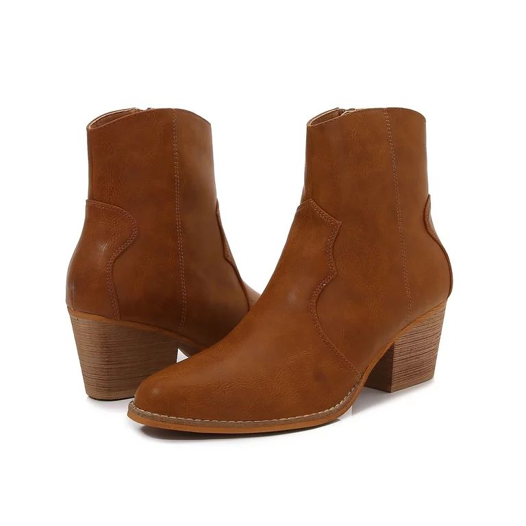 Women PU Leather Stacked Block Heel Western Cowboy Ankle Zip Up Boots (Camel / 8) | Walmart (US)