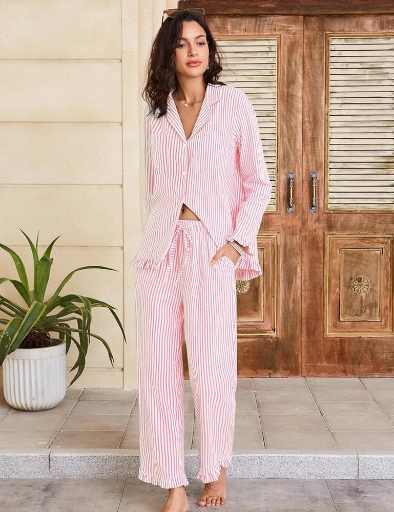 Flygo Womens Striped Pajama Sets 2 Piece Cotton Lounge Sets Button Down Top Straight Leg Pants wi... | Amazon (US)