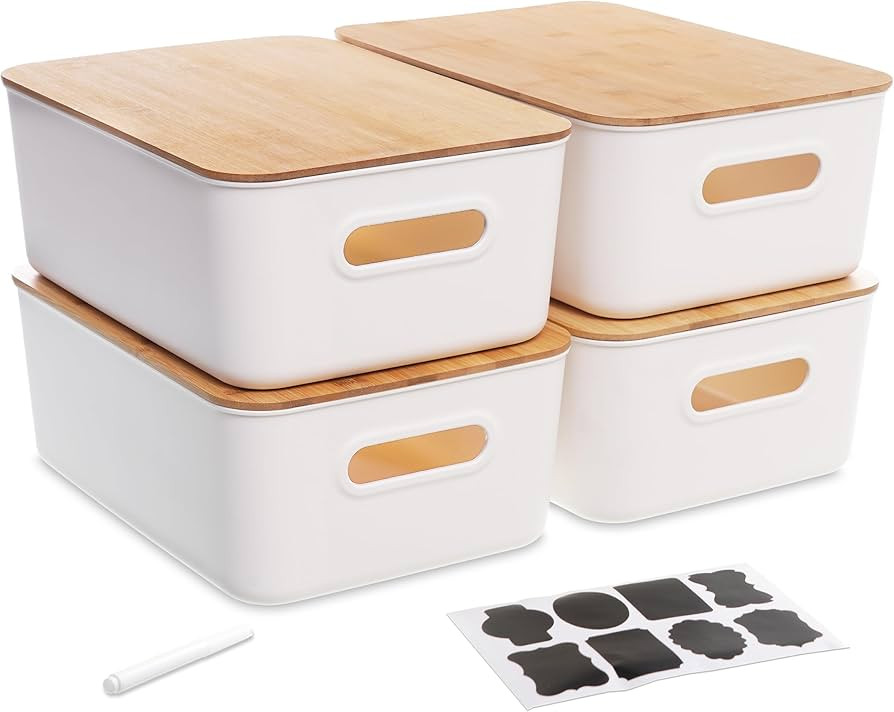 Citylife 4 PCS Storage Bins with Bamboo Lids Plastic Storage Containers for Organizing Stackable ... | Amazon (US)