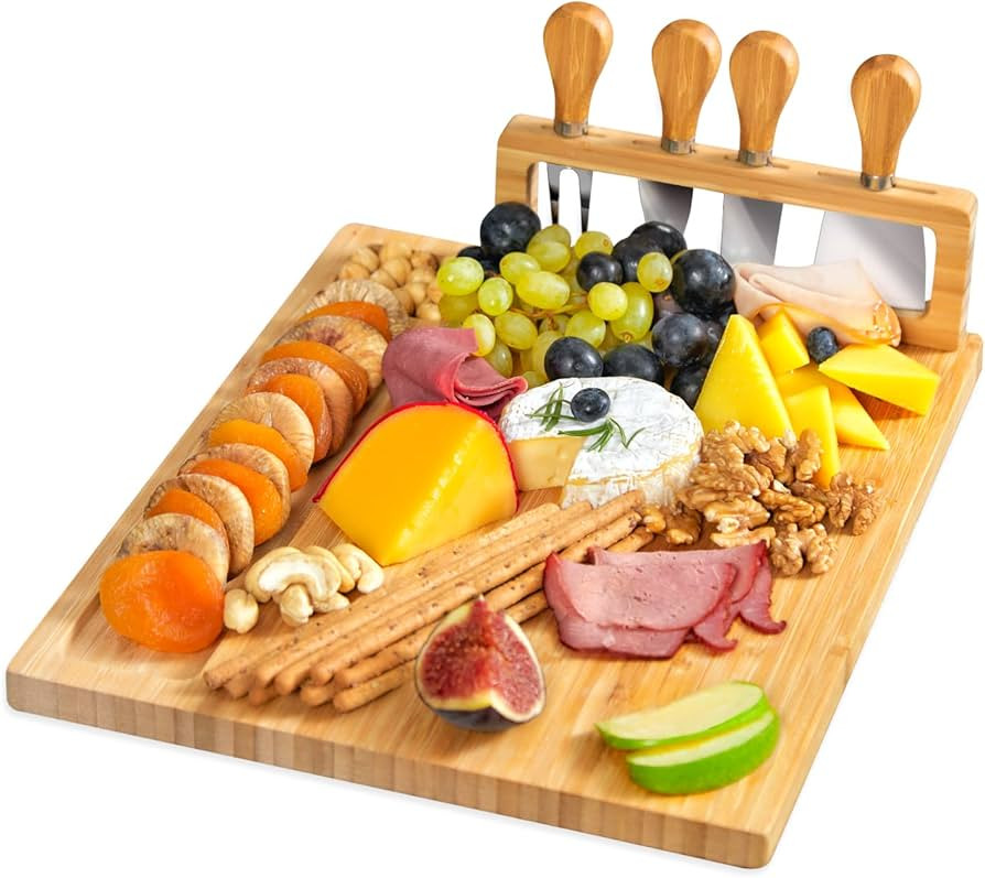 RoyalHouse Unique Bamboo Cheese Board and Knife Set - Charcuterie Boards Set & Cheese Platter wit... | Amazon (US)
