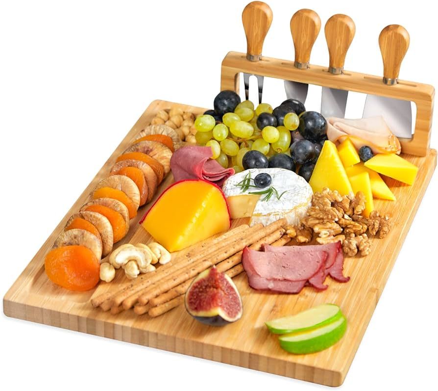 RoyalHouse Unique Bamboo Cheese Board and Knife Set - Charcuterie Boards Set & Cheese Platter wit... | Amazon (US)