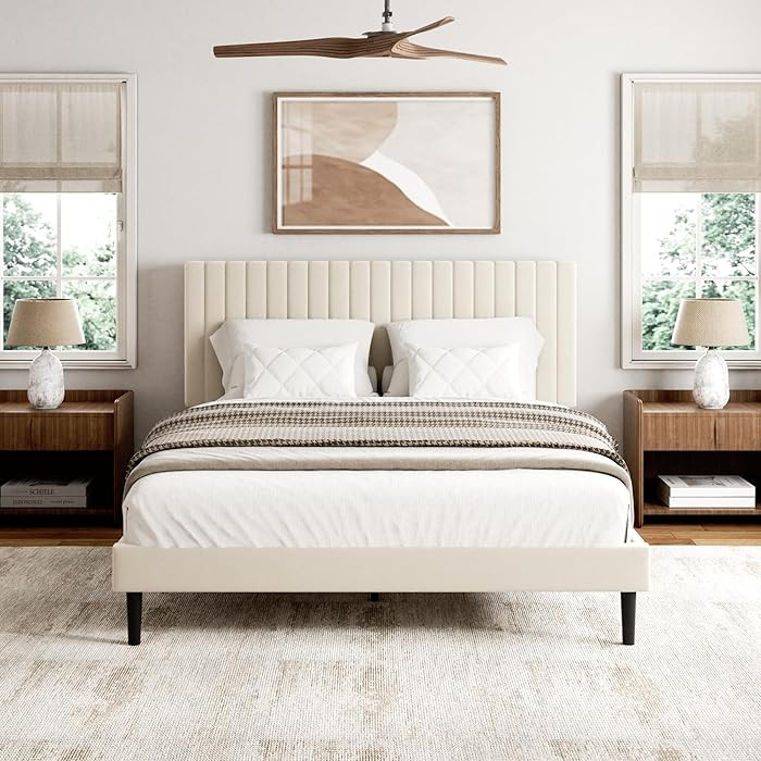 Sismplly Queen Size Bed Frame with Velvet Upholstered Headboard, Platform Bed with Strong Wood Sl... | Amazon (US)