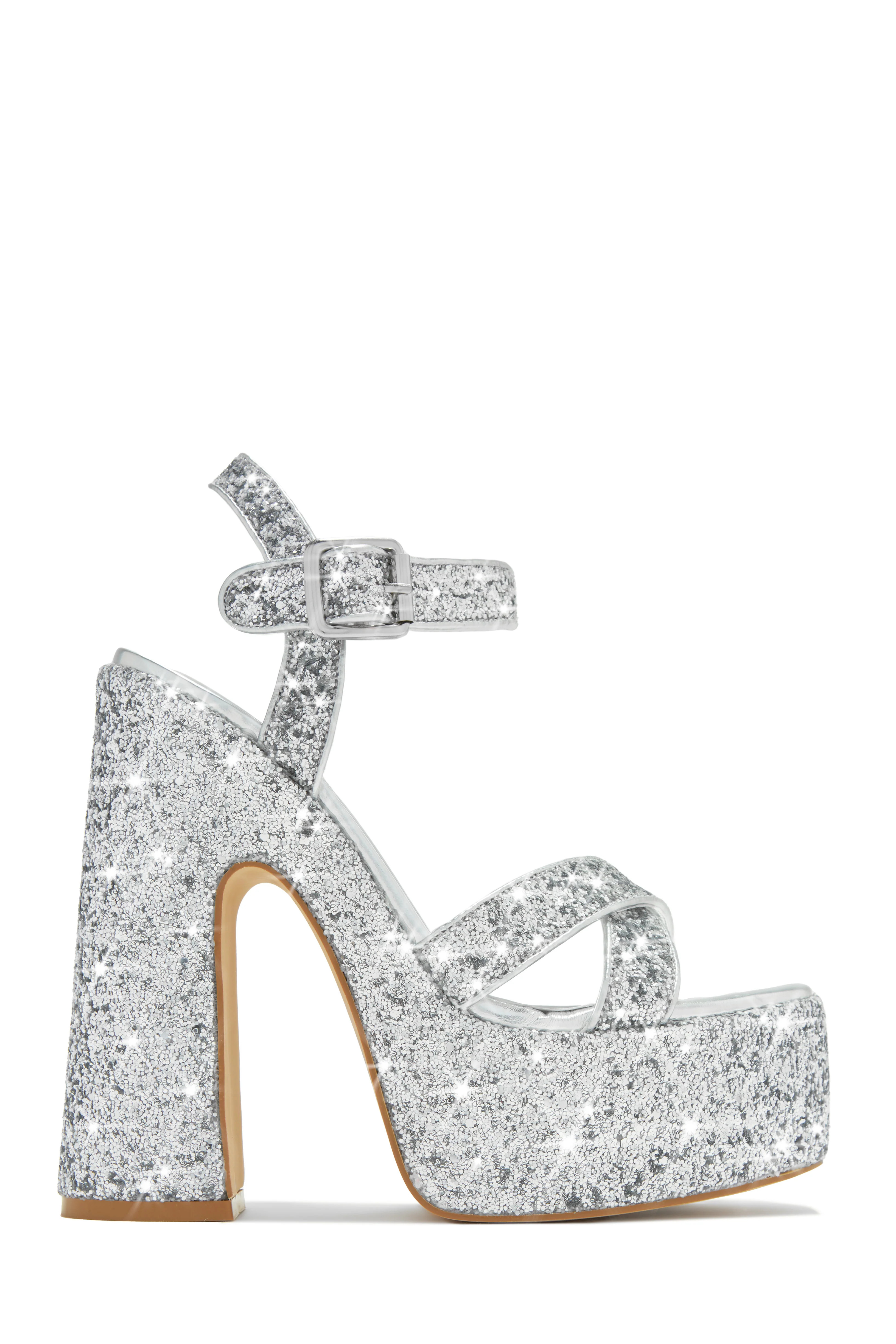 Karelle Glitter Platform Block Heels - Silver 10 / Silver | MISS LOLA