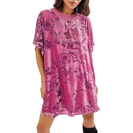 Women's Summer Vintage Velvet Dress Floral Printed Mini Flowy Dress Round Neck Short Sleeve Dress | Amazon (US)