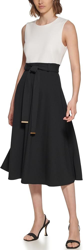 Calvin Klein Two-Tone Midi A-Line Dress with Belt White/Black 6 | Amazon (US)