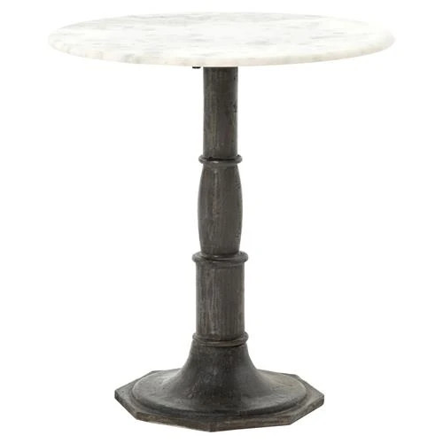 Hervey French Country White Marble Top Dark Grey Iron Pedestal Round Side Table | Kathy Kuo Home