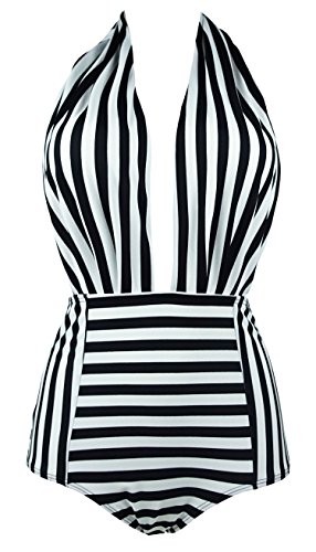 Cocoship Black & White Striped Retro One Piece Backless Bather Swimsuit High Waisted Pin Up Swimwear | Amazon (US)