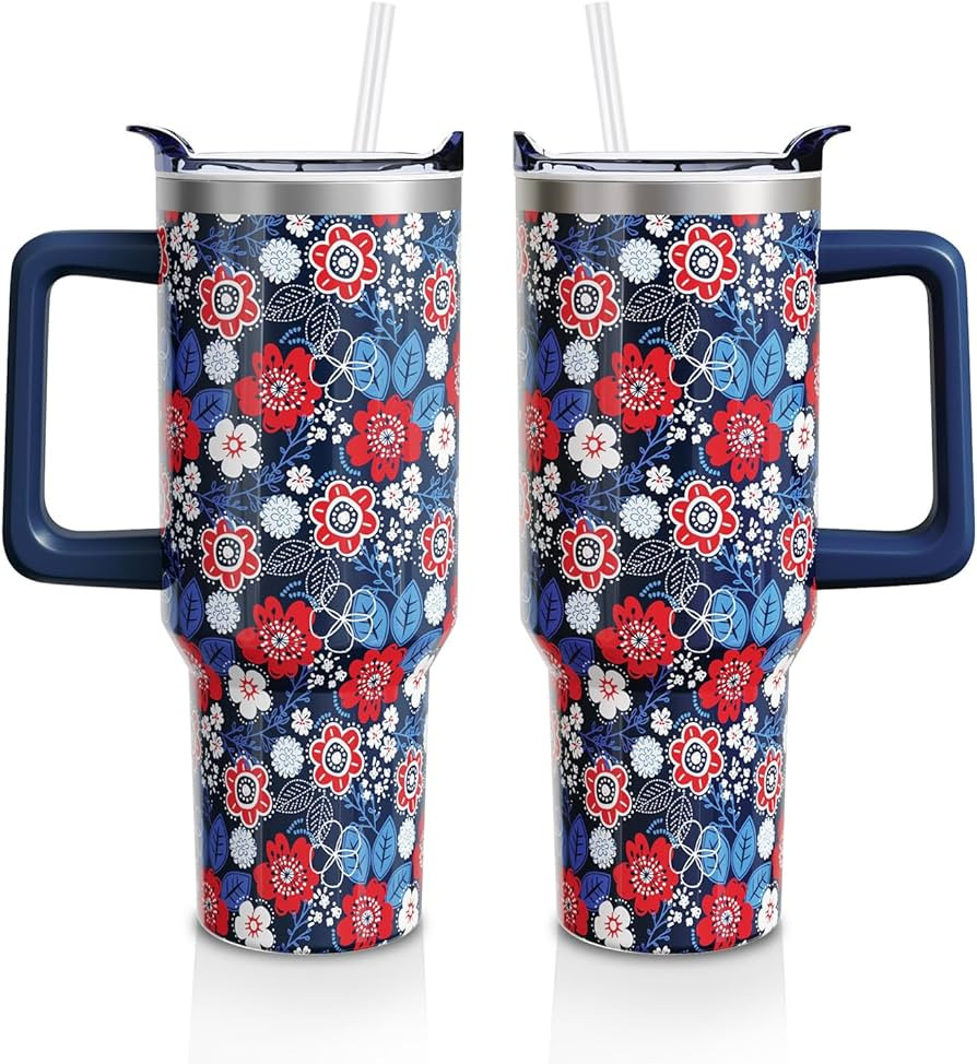 Red White and Navy Floral Cup Gifts for Women Men\uff0cPatriotic 40oz Tumbler with Handle and Str... | Amazon (US)