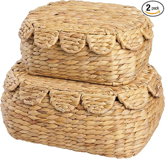 Set of 2 Hand Round Wicker Storage Baskets with Lid, Rattan Basket Decorative Boxes, Woven Storag... | Amazon (US)