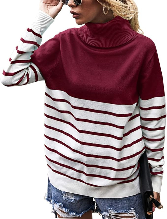 KIRUNDO 2021 Women’s Turtleneck Knitted Sweater Long Sleeves Stripe Color Block Patchwork Loose... | Amazon (US)