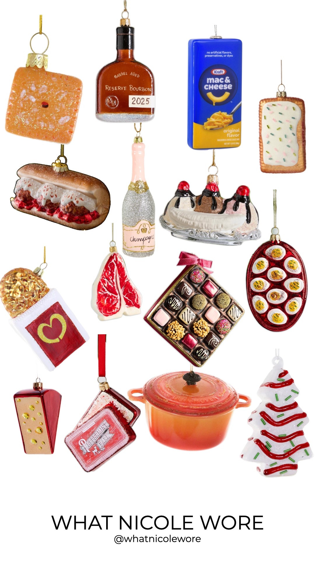 Some of my favorite food ornaments currently on sale! I have a few of these and am eyeing the others. // peppermint bark ornament, Williams Sonoma ornament, Dutch oven ornament, Christmas cake ornament, McDonald’s ornament, hashbrown ornament, box of chocolate ornament, deviled eggs ornament, steak ornament, champagne ornament, banana split ornament, meatball sub ornament, Mac and cheese ornament, kraft ornament, pop tart ornament, bourbon ornament, cheez it ornament, gifts for foodies, gifts for chef, food themed Christmas ornament

#LTKHoliday #LTKSaleAlert #LTKGiftGuide