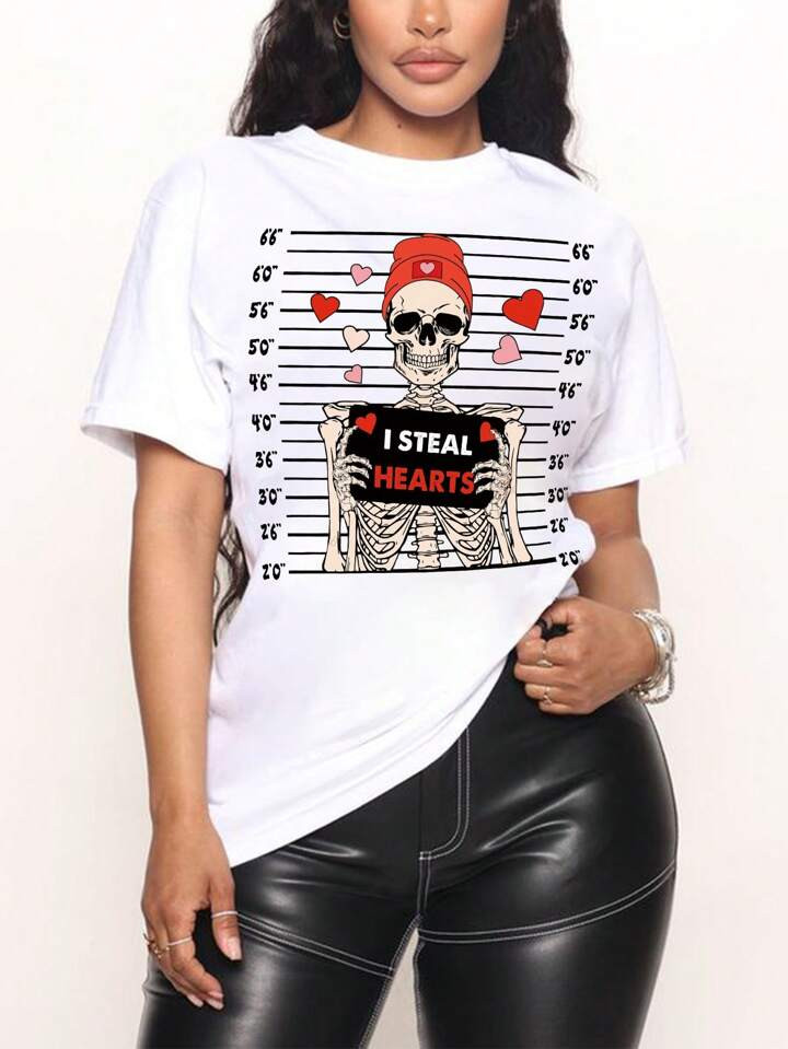 Plus Size Valentine's Day Skull, Heart, And Letter Printed Round Neck Short Sleeve T-Shirt | SHEIN
