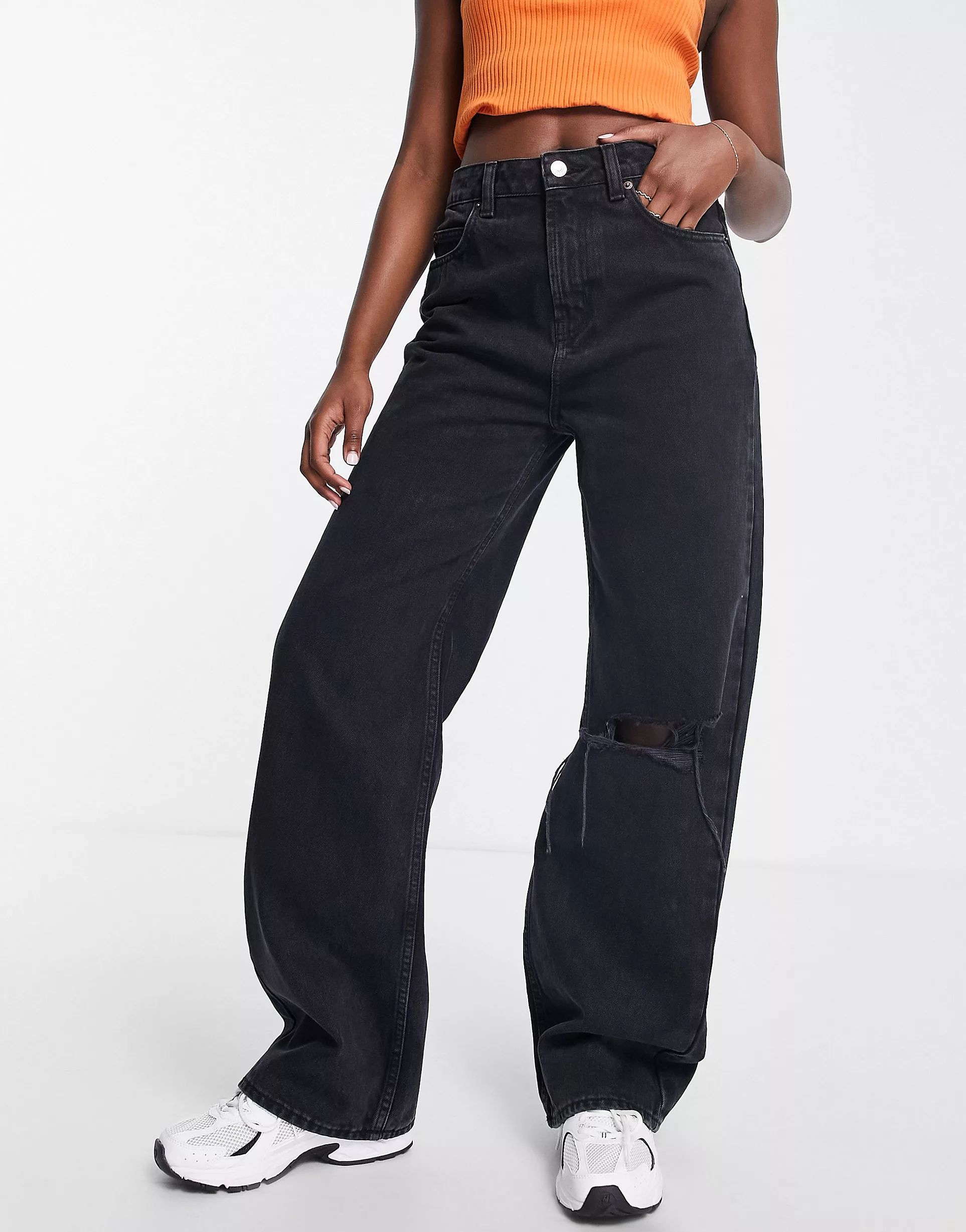 ASOS DESIGN dad jeans in washed black with rips | ASOS (Global)