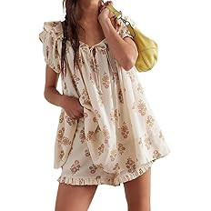 Women Floral Babydoll Tops 2 Piece Lounge Sets Square Neck Puffy Short Sleeves Peplum Shirt and S... | Amazon (US)