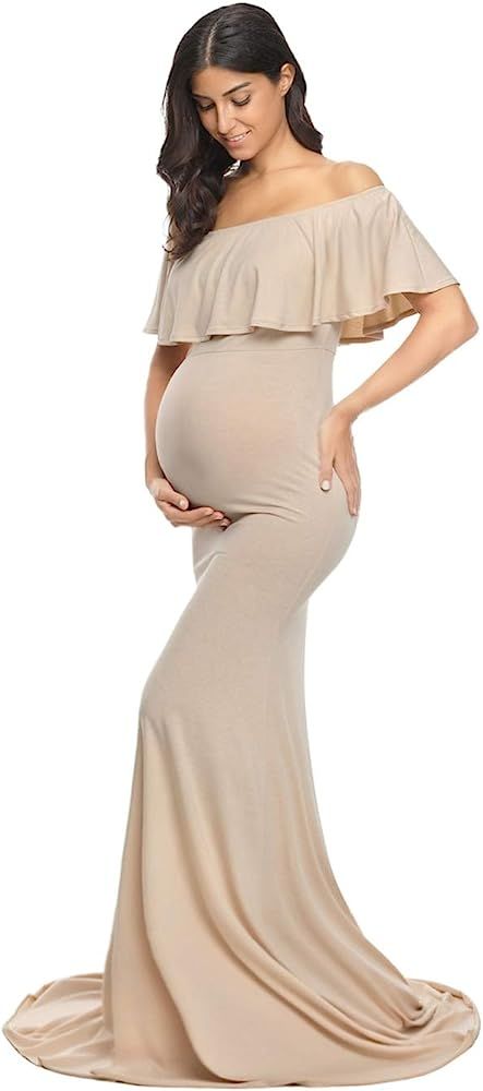 Glampunch Womens Off Shoulder Maternity Dress Ruffles Elegant Slim Gowns Fit Maxi Photography Dress | Amazon (US)