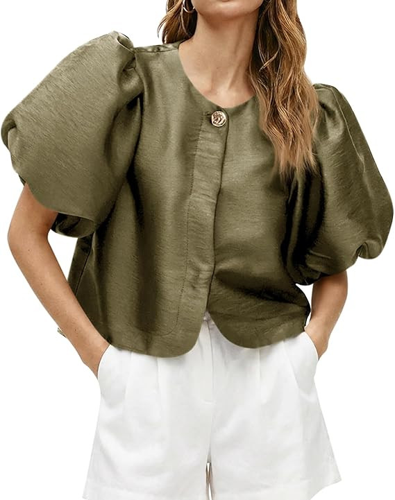 Cicy Bell Womens Silk Satin Button Down Shirts Summer Puff Short Sleeve Crew Neck Crop Tops Loose... | Amazon (US)