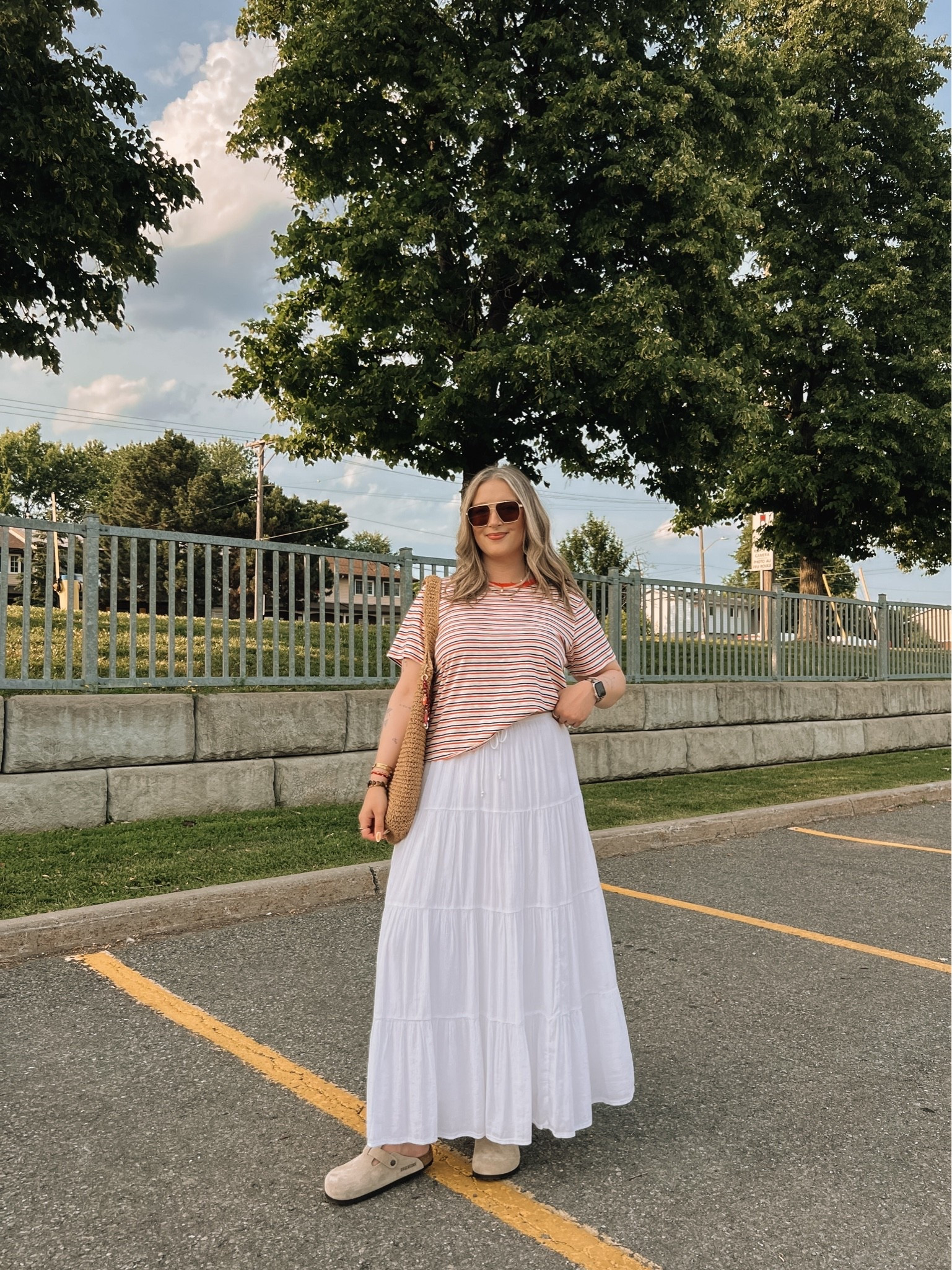 Casual summer outfit! Sized up to XL in the striped tee for a looser fit. White maxi skirt is old from aerie, linked a bunch of similar options! I’m a 9.5-10 shoe and wear a 40 in the Birkenstock clogs

#LTKsummer #LTKmidsize #LTKstyletip