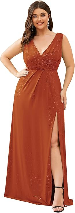 Ever-Pretty Women's Leg Slit V-Neck Sparkle Plus Size Evening Party Dress with Sleeves 0739-PZ | Amazon (US)