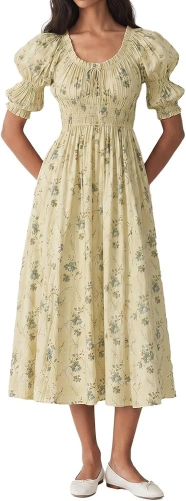 ABYOVRT Women Smocked Dresses Puff Sleeve Off Shoulder Flowy Midi Dress Baby Shower Summer Fall | Amazon (US)