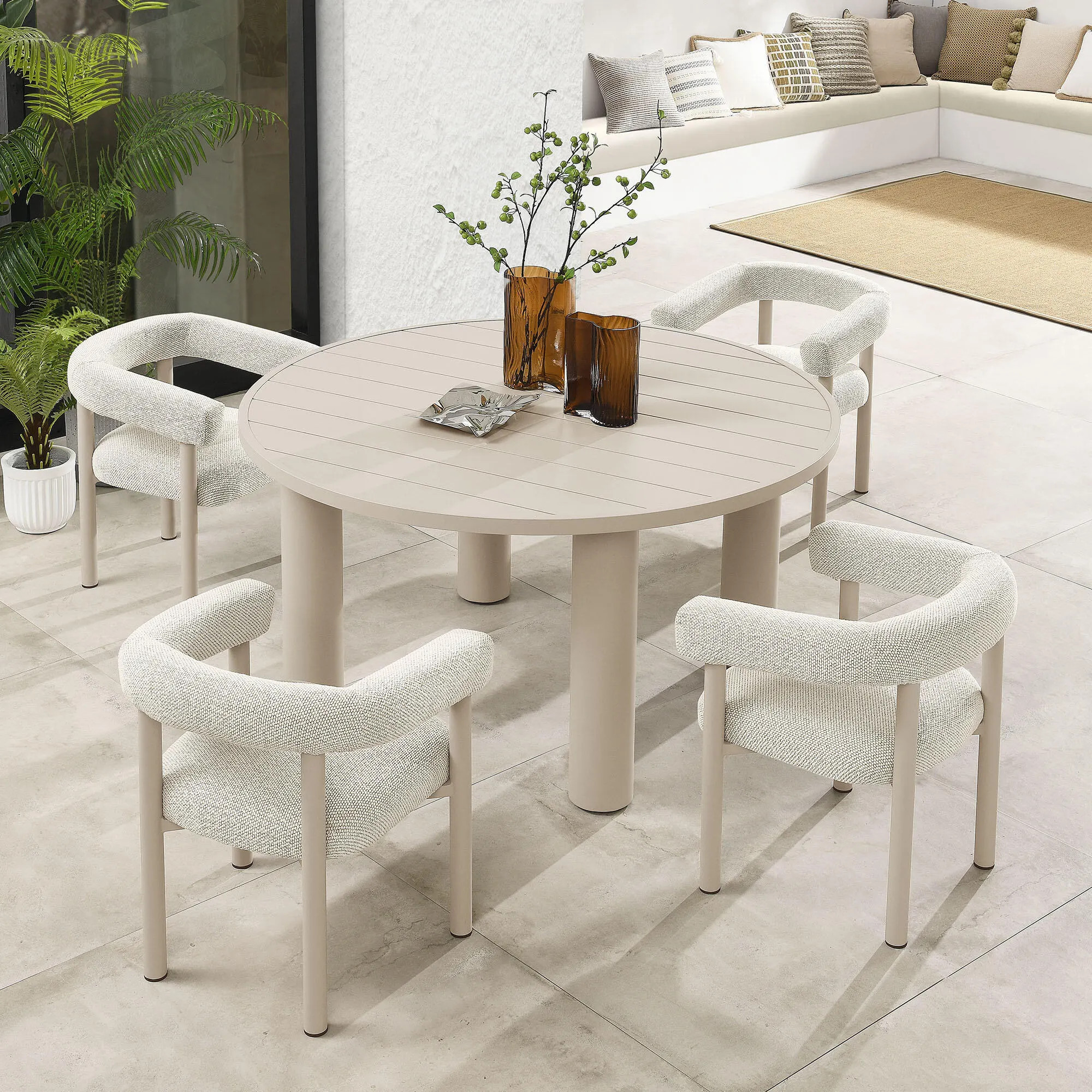 Modway Nautica Outdoor Dining Table and 4 Chairs, Ivory/Taupe | Ashley