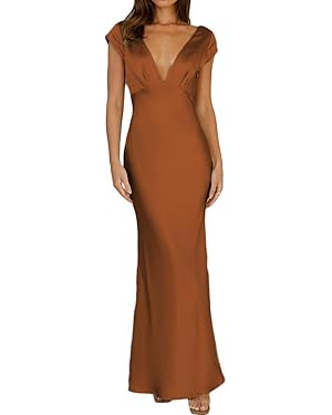 Halfisland Womens Summer Satin V Neck Cap Sleeve Backless Maxi Dress Elegant Twist Cut Out Midi D... | Amazon (US)