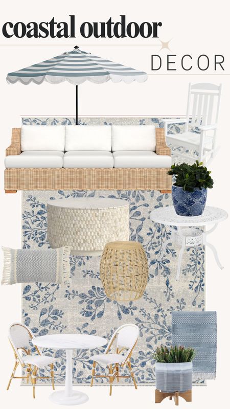 Coastal outdoor decor, blue coastal accents, table, chairs, couch, umbrella, planters, side table, coffee table, accent table, throw pillows 

#LTKHome #LTKStyleTip #LTKSeasonal