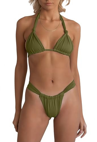 geluboao Army Green Bikini Swimsuits for Women 2 Piece Sexy String Bikini Set Cheeky High Leg Bathing Suit XL | Amazon (US)