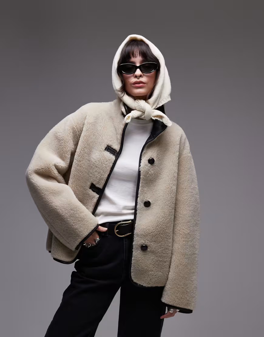 Mango funnel neck shearling jacket in beige-White | ASOS (Global)