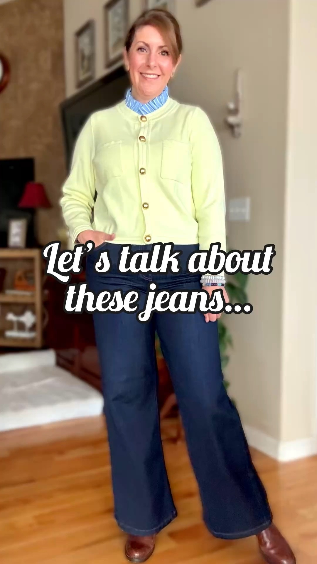 Not my typical price point… but let’s talk about it. These trouser style jeans were gifted to me, and at nearly $300, they’re more than I would personally spend on denim. But I also think it’s important to show you how pieces like this actually wear—not just the price tag.

What I will say…the fit is beautiful. That trouser-style leg, the darker wash, the way they instantly elevate a simple cardigan…it’s an easy yes from a styling standpoint. Paired mine with a citron cardigan, boots (because Wyoming is doing its thing ❄️) and my  bracelet stack.

Affordable style will always be my focus—but you deserve transparency across the board.

(Stella 🐶 had thoughts in the background today and chose chaos…🤦🏻‍♀️)