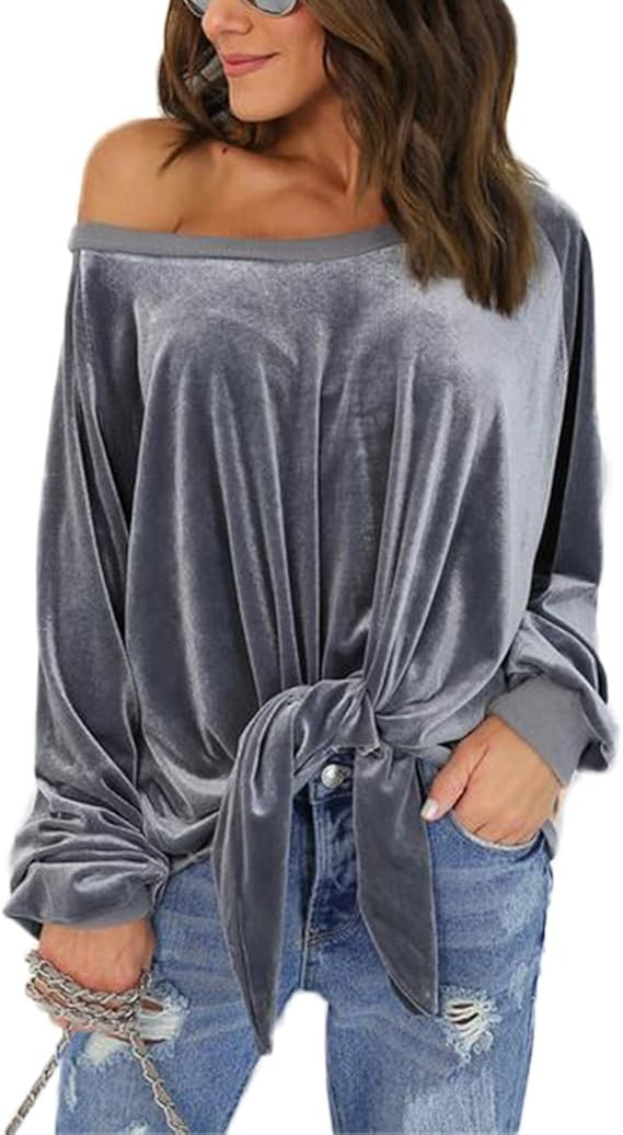 OQC Women's Solid Velvet Shirt Off Shoulder Front Tie Bandage Long Sleeve Knotted Tops Blouse | Amazon (US)