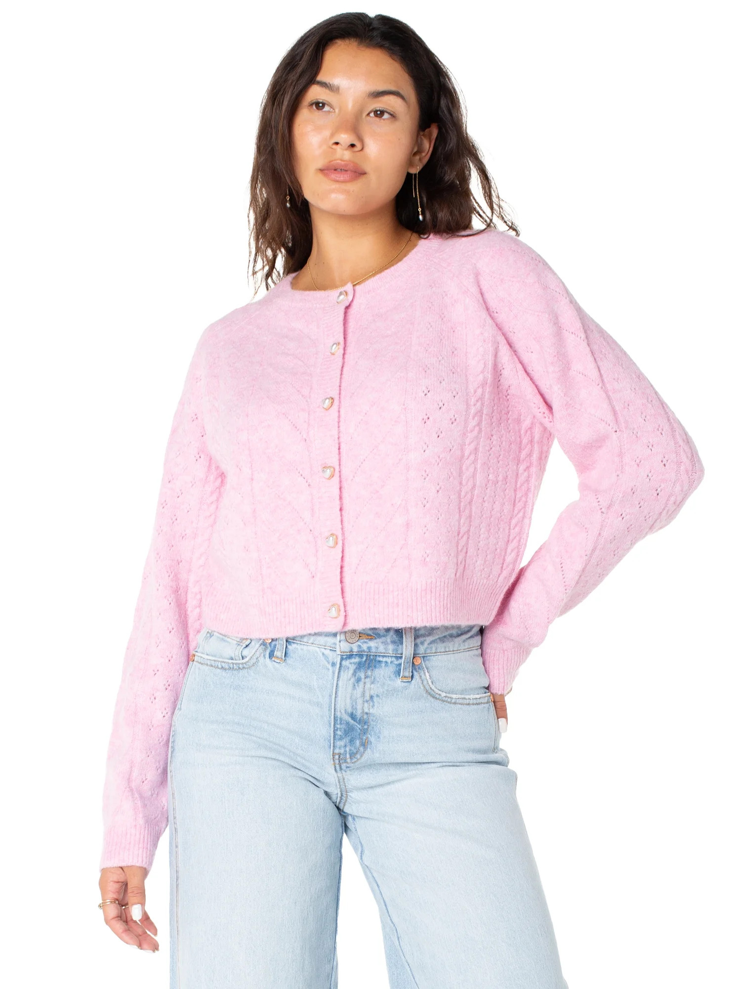 Celebrity Pink Women's and Women's Plus Cable Knit Crew Neck Cardigan, Sizes XS-4X | Walmart (US)