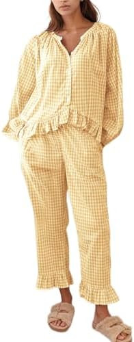 Flygo Womens Plaid Pajamas Sets 2 Piece Cotton Pj Set Puff Sleeve Ruffle Babydoll Shirt Gingham P... | Amazon (US)