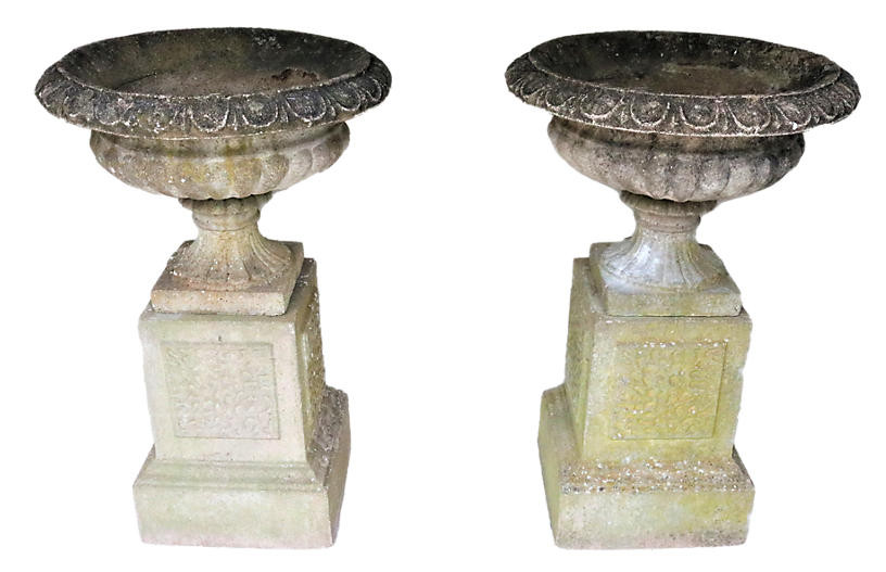 English Cast Stone Tazza Urns on Bases | One Kings Lane