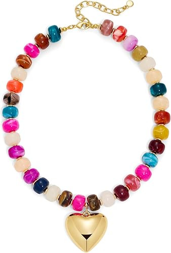 WOWORAMA Chunky Heart Necklaces for Women Colorful Resin Beaded Choker Necklace Gold Puffy Heart ... | Amazon (US)