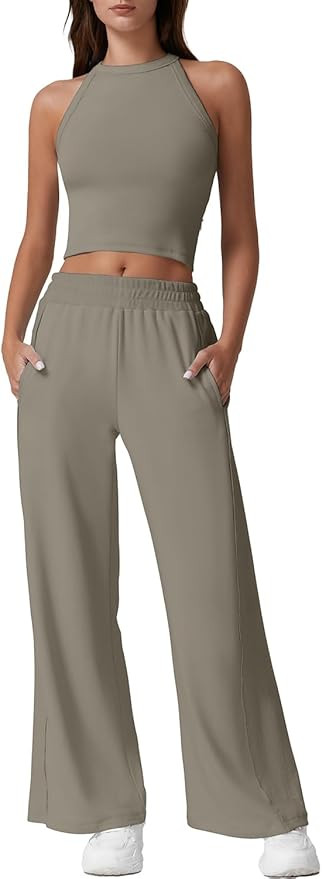 QINSEN Women's 2 Piece Sets Summer Ribbed Knit Crop Tank Tops Wide Leg Pants Sleeveless Tracksuit | Amazon (US)