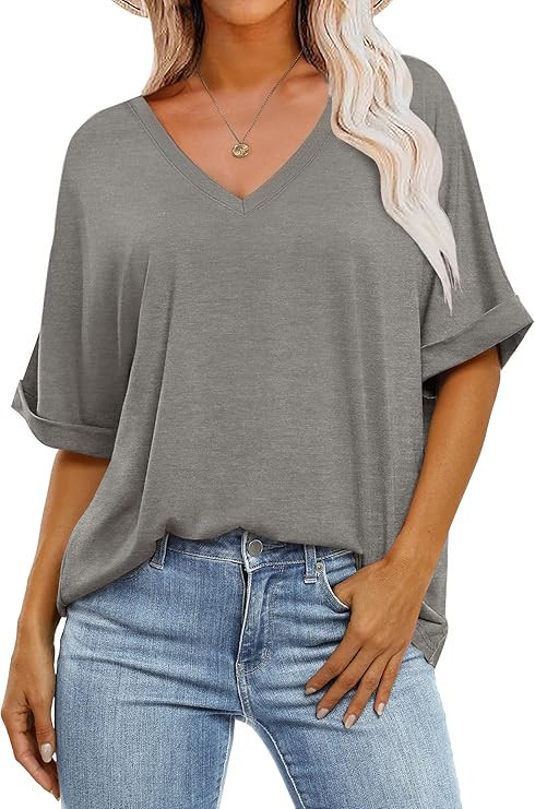 GKBK Womens Oversized T Shirts V Neck Loose Fit Shirts Short Sleeve Summer Casual Tops 2025 Trend... | Amazon (US)