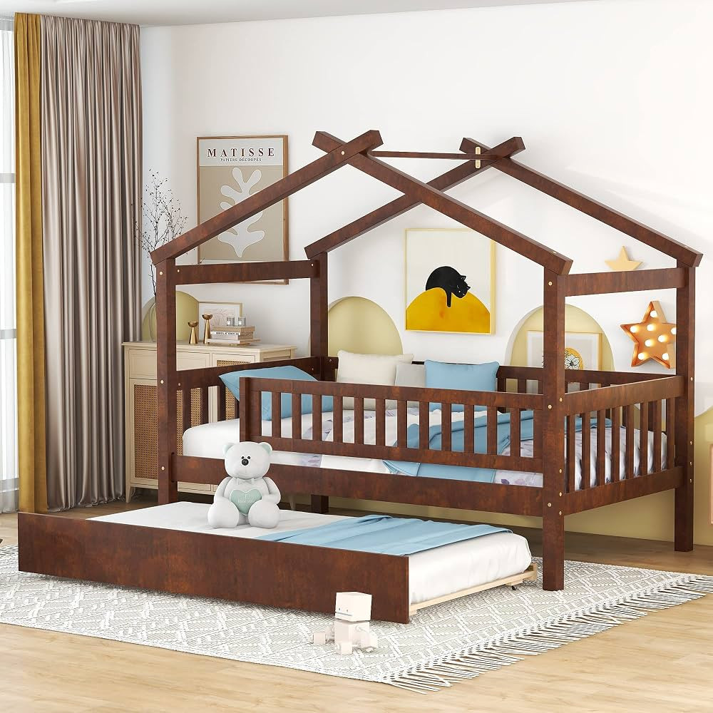Merax Twin Size Wooden House Bed with Twin Size Trundle, Wood Bed Frame with Roof and Safety Guar... | Amazon (US)