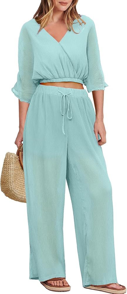 luvamia 2 Piece Outfits for Women Summer 2024 Faux Wrap Crop Top Elastic High Waist... | Amazon (US)