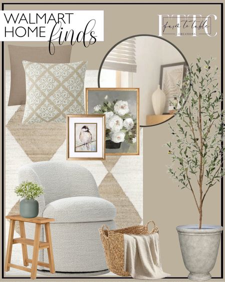 Walmart Home Finds. Follow @farmtotablecreations on Instagram for more inspiration.

nuLOOM Pandora Diamond Jute Area Rug, 5' x 8', Ivory. CHITA Swivel Accent Chair Armchair, Round Barrel Chairs in Fabric for Living Room Bedroom, Boucle Accent Chair, White. DecMode Large and Wide Seagrass Woven Wicker Storage Basket with Ring Handles, Natural Brown Finish, for Rustic or Coastal Decorative Accent, 20"L x 18"W x 19"H. Better Homes & Gardens Cozy Knit Throw, Papyrus Beige, 50" x 72". Style House 100% Cotton Botanical Floral Decorative Pillow 20" x 20". My Texas House Gemma Cotton Decorative Pillow Cover, 18"x18", White Pepper. 6 ft Artificial Olive Plants with Realistic Leaves and Natural Trunk, Silk Fake Potted Tree with Wood Branches and Fruits, Faux Olive Tree for Office Home Decor. Better Homes & Gardens Ember Gray Resin Planter, 16in x 16in x 18in. Better Homes & Gardens Parkridge Solid Wood Narrow Accent Styling Table, Natural Oak finish, by Dave & Jenny Marrs. BEAUTYPEAK 24" Wall Mirror Bathroom Mirror Wall Mounted Round Mirror, Black. Crystal Art Gallery Traditional Framed Botanical Art Print, Neutrals. Crystal Art Gallery 12" x 14" Rectangle Bird Chickadee Art Painting Wood Brushed Gold Framed Wall Art, Color : Brown, Beige, White. Crystal Art Gallery Contemporary Iron Metal Tabletop Vase, Greens.  Mainstays 12 inch Artificial Baby's Breath Flower Pick, White Color. Indoor Use. Spring Refresh. Walmart Home. Flash Deals. Best Sellers  

#LTKfindsunder50 #LTKstyletip #LTKhome