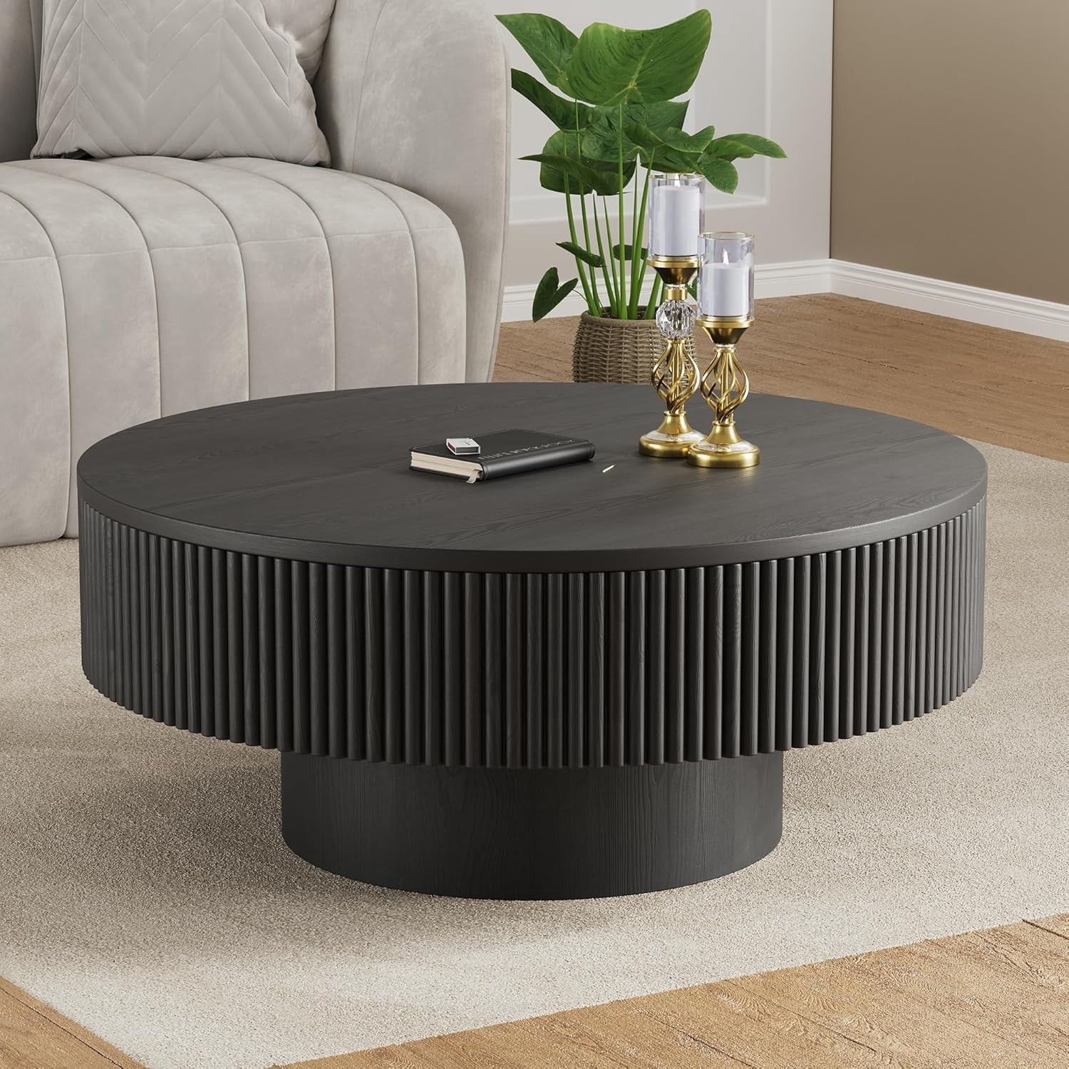 Gelloan 31.5" Round Fluted Coffee Table, Modern Wood Circle Coffee Table, Veneer Handcrafted Reli... | Walmart (US)
