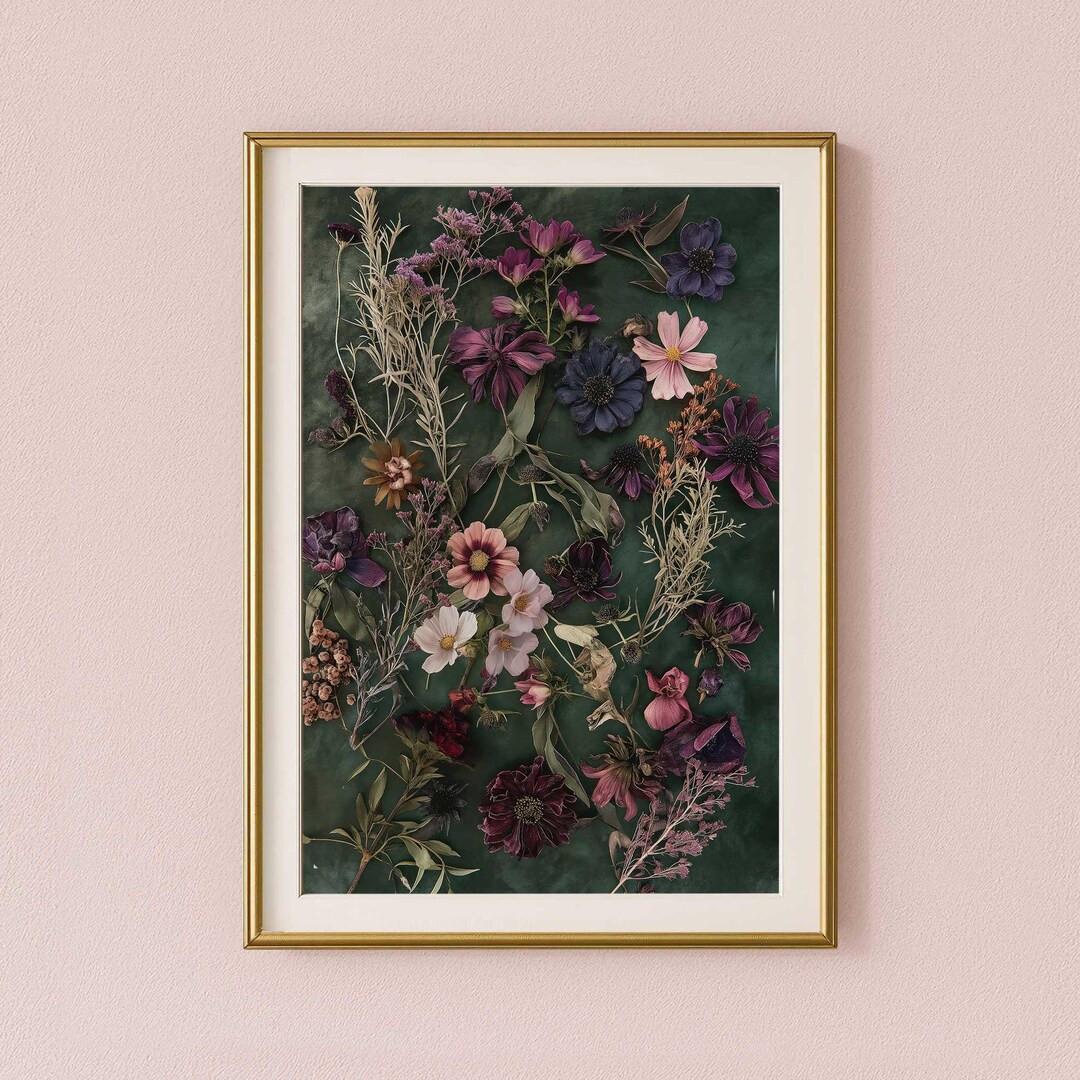 Dark Green Botanical Wall Art, Downloadable Pressed Flower Art, Pink Purple Dried Flowers Floral ... | Etsy (US)