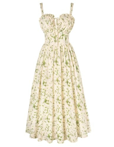 Summer Dress for Women 2026 Floral Milkmaid Sundress Midi Corset Dress Beige Green Floral M | Amazon (US)