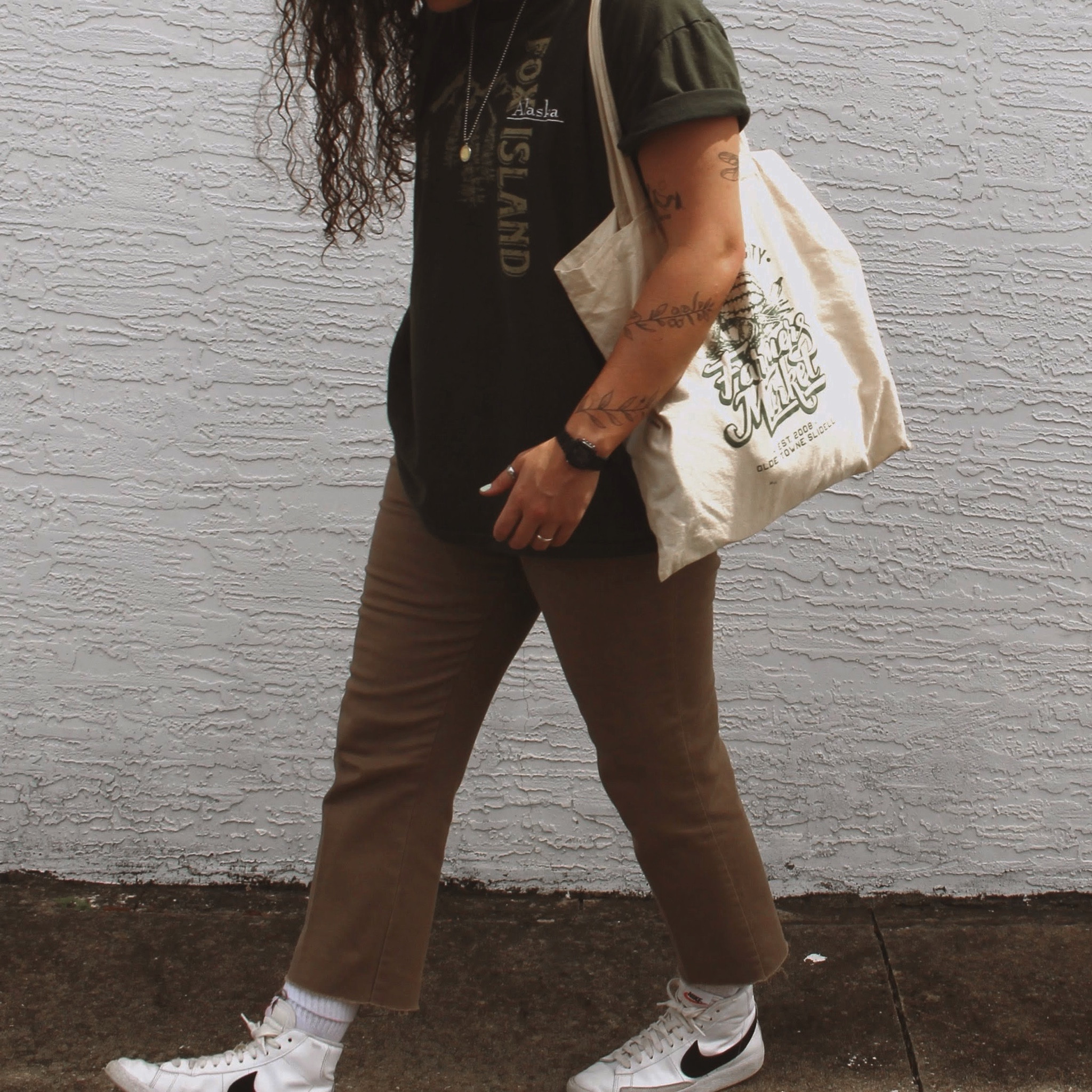 lil streetswear vibe 
• shirt is thrifted mens - size L
• tote bag is from a local farmers market
• pants are JCPenny gloria vanserbilt brown jeans - size 29
• shoes are nike blazer mids

#LTKunder100 #LTKworkwear #LTKSeasonal