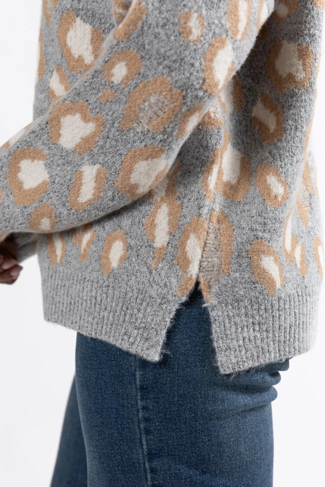 Reach Out Grey Leopard V-neck Sweater DOORBUSTER | Pink Lily